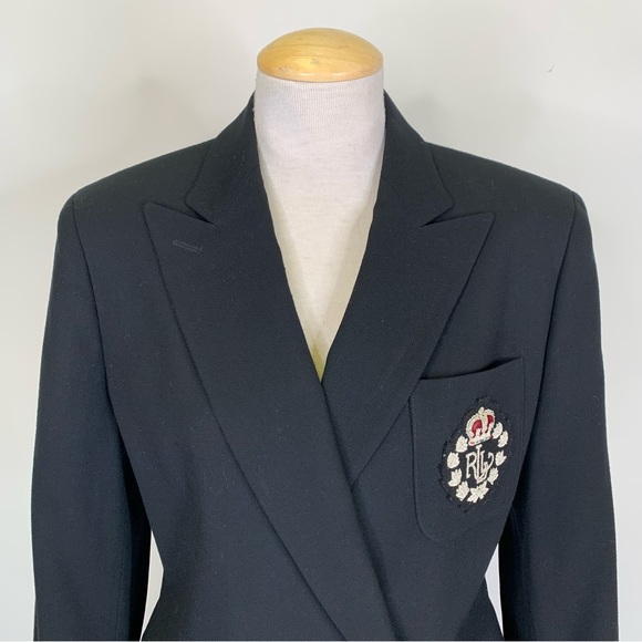 Lauren Ralph Lauren size 4 black wool vintage double breasted embroidered blazer - Picture 4 of 16